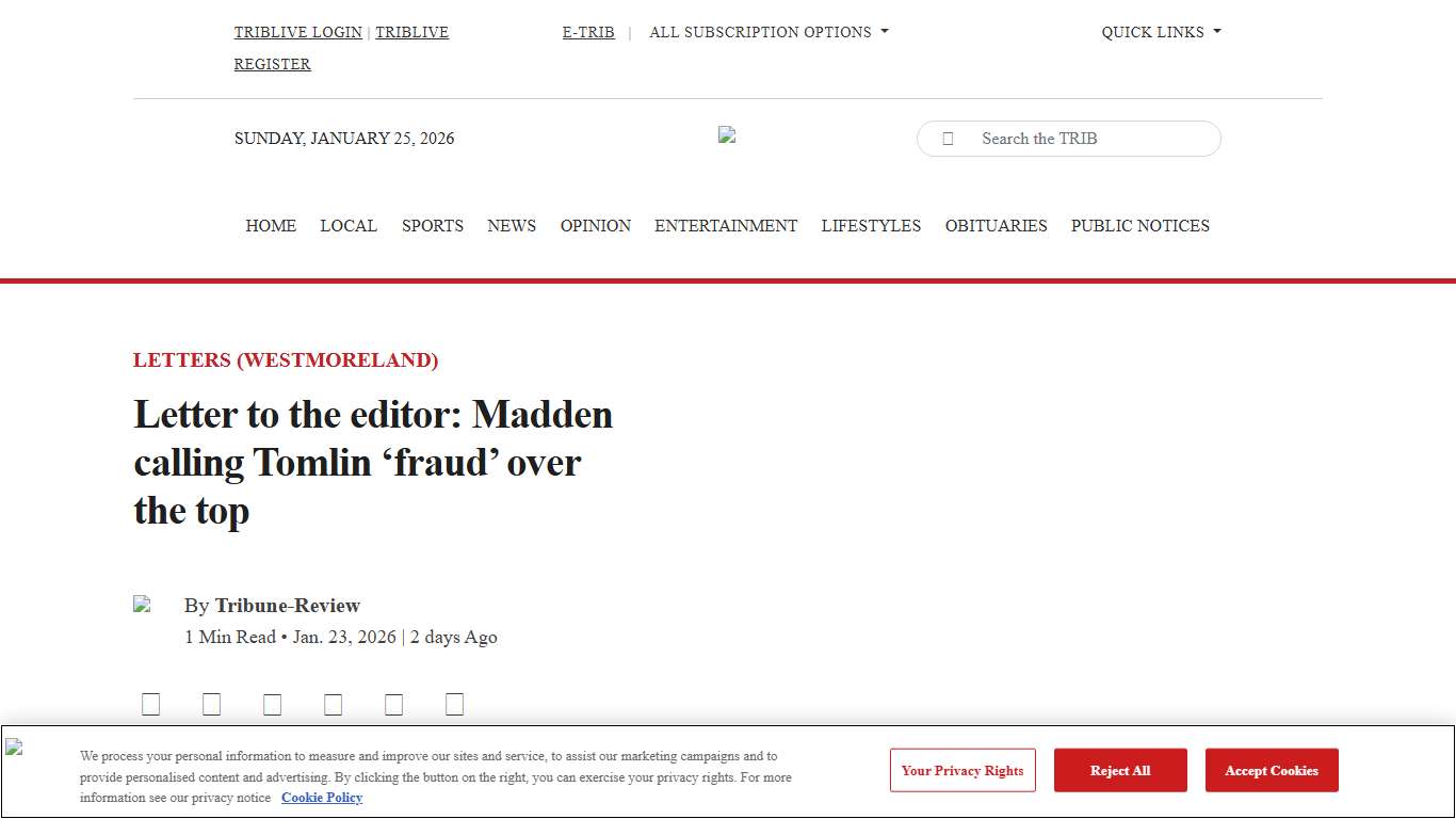 Letter to the editor: Madden calling Tomlin ‘fraud’ over the top